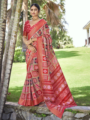 Red Kalamkari Silk Saree With Blouse Piece