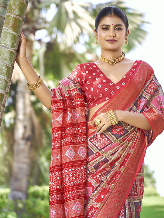 Red Kalamkari Silk Saree With Blouse Piece