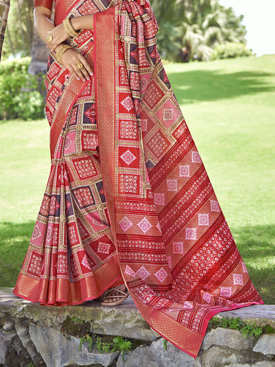 Red Kalamkari Silk Saree With Blouse Piece