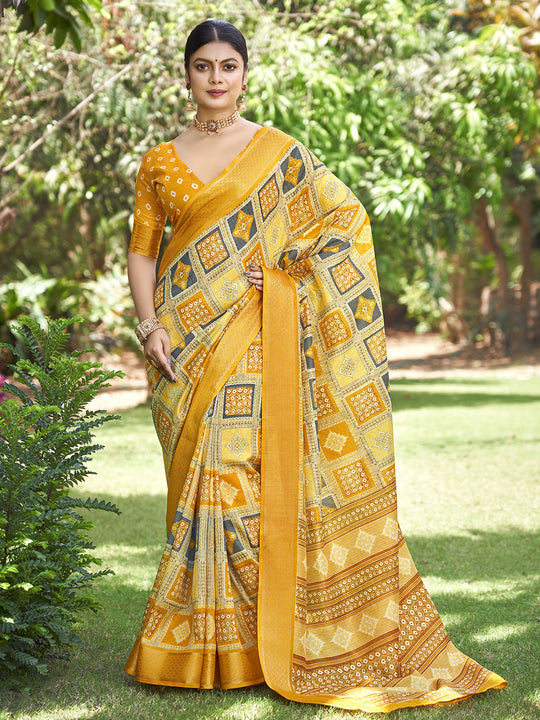 Yellow Kalamkari Silk Saree With Blouse Piece