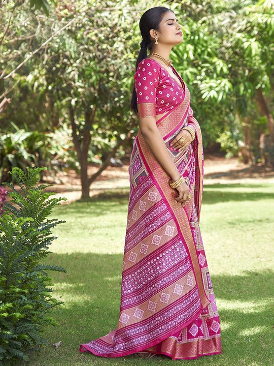 Pink Kalamkari Silk Saree With Blouse Piece