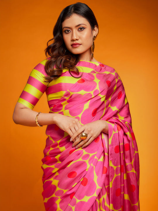 Pink Satin Georgette Saree With Blouse Piece