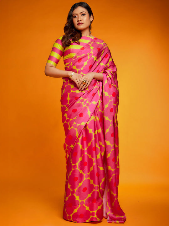 Pink Satin Georgette Saree With Blouse Piece