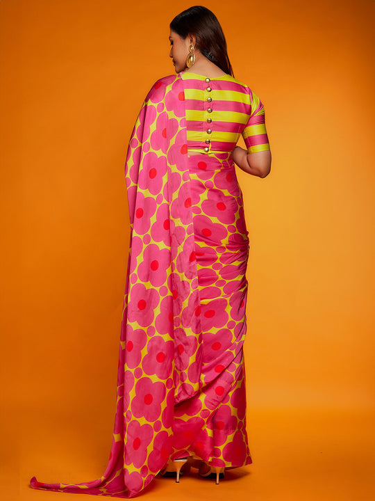Pink Satin Georgette Saree With Blouse Piece