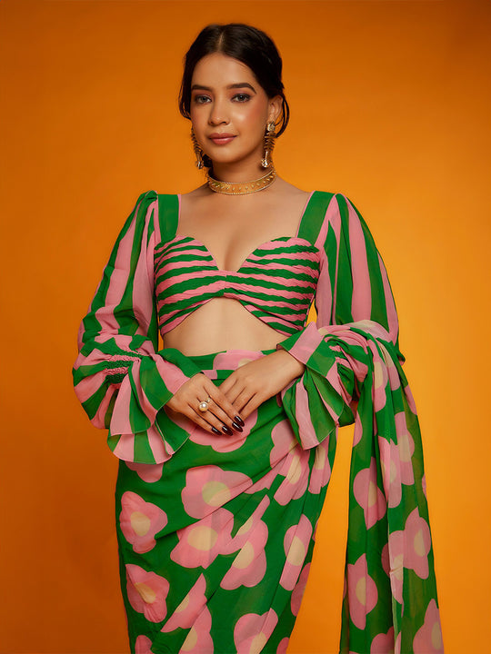 Green Satin Georgette Saree With Blouse Piece