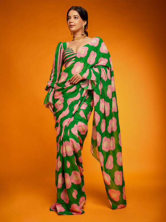 Green Satin Georgette Saree With Blouse Piece