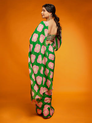 Green Satin Georgette Saree With Blouse Piece