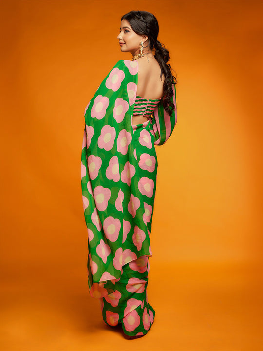 Green Satin Georgette Saree With Blouse Piece