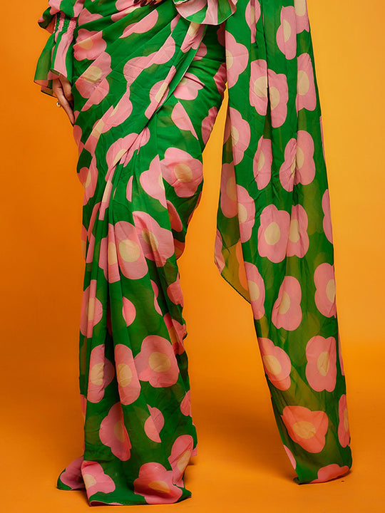 Green Satin Georgette Saree With Blouse Piece