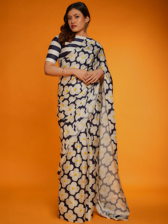 White Satin Georgette Saree With Blouse Piece