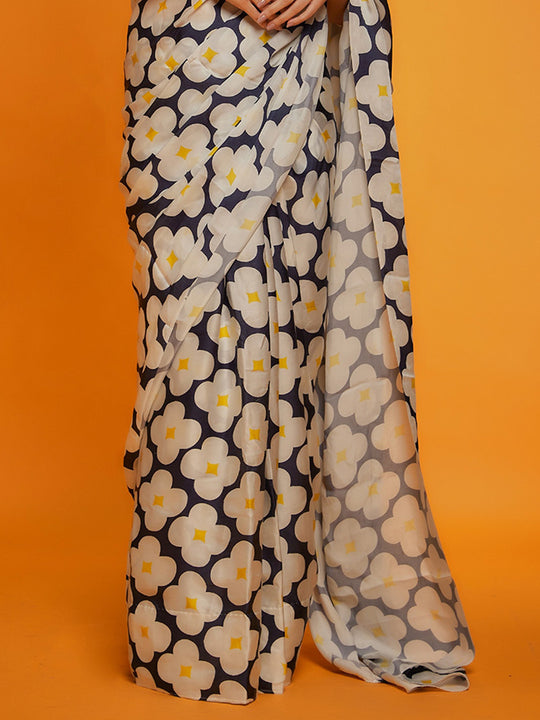 White Satin Georgette Saree With Blouse Piece