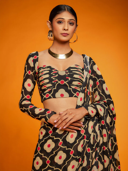 Black Satin Georgette Saree With Blouse Piece