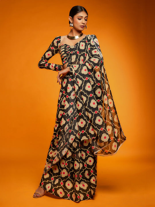 Black Satin Georgette Saree With Blouse Piece