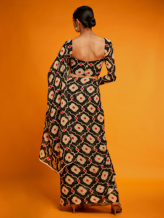 Black Satin Georgette Saree With Blouse Piece