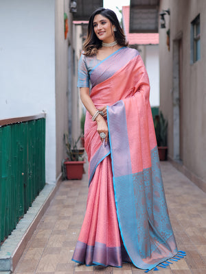 Pink Kanjivaram Silk Saree With Blouse Piece