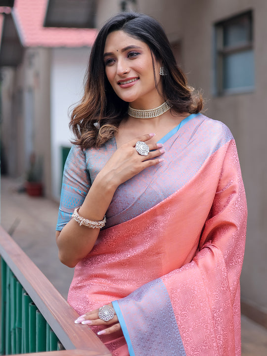Pink Kanjivaram Silk Saree With Blouse Piece