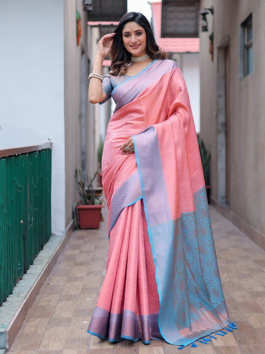 Pink Kanjivaram Silk Saree With Blouse Piece
