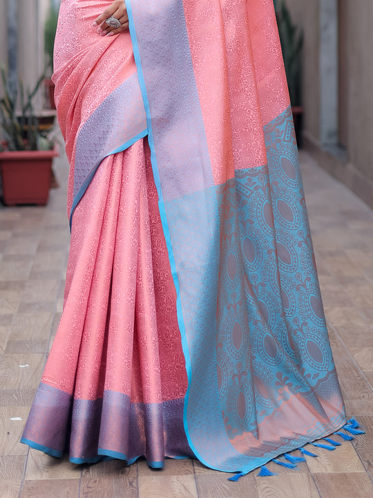 Pink Kanjivaram Silk Saree With Blouse Piece