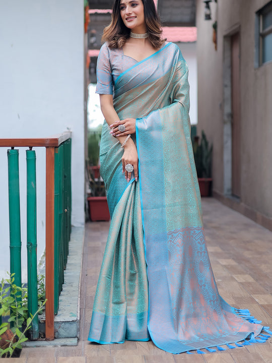 Blue Kanjivaram Silk Saree With Blouse Piece