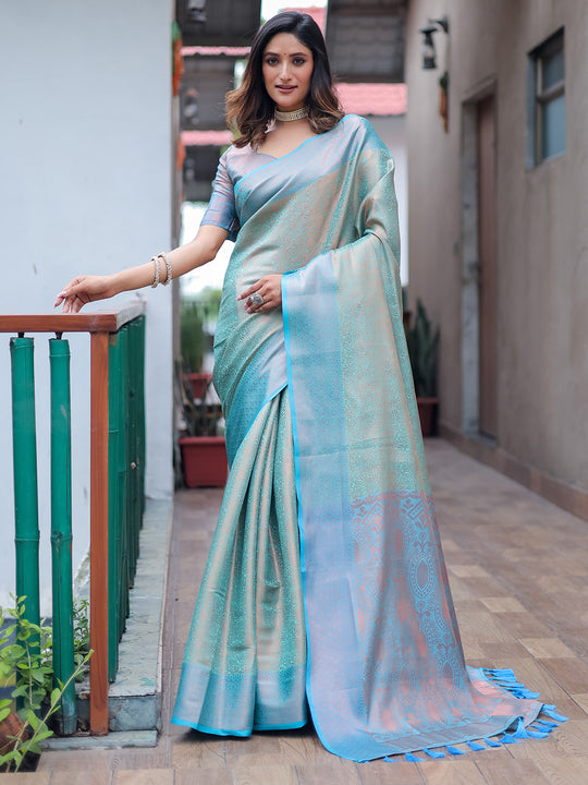 Blue Kanjivaram Silk Saree With Blouse Piece