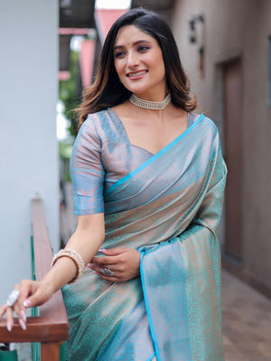 Blue Kanjivaram Silk Saree With Blouse Piece