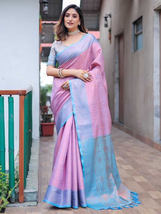 Lavender Kanjivaram Silk Saree With Blouse Piece