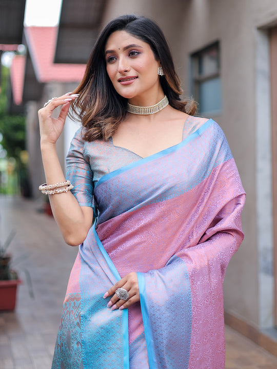 Lavender Kanjivaram Silk Saree With Blouse Piece
