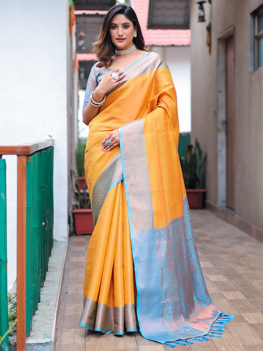Mustard Kanjivaram Silk Saree With Blouse Piece