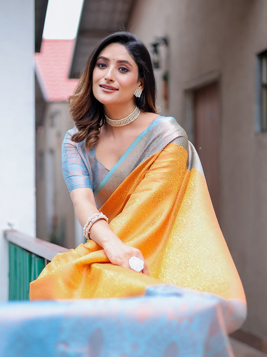 Mustard Kanjivaram Silk Saree With Blouse Piece