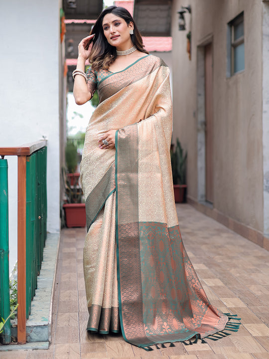 Cream Kanjivaram Silk Saree With Blouse Piece