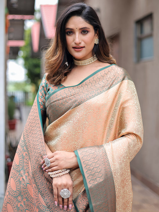 Cream Kanjivaram Silk Saree With Blouse Piece