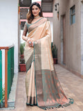 Cream Kanjivaram Silk Saree With Blouse Piece