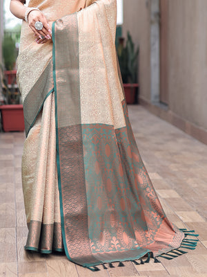 Cream Kanjivaram Silk Saree With Blouse Piece