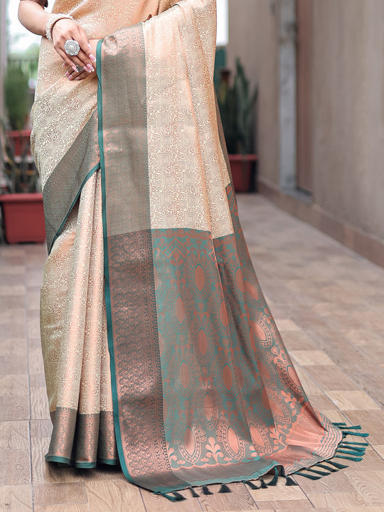 Cream Kanjivaram Silk Saree With Blouse Piece