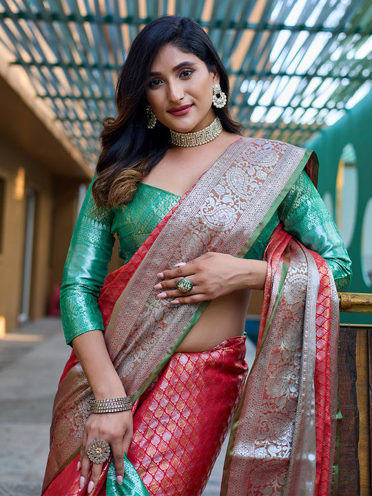 Red Banarasi Silk Saree With Blouse Piece