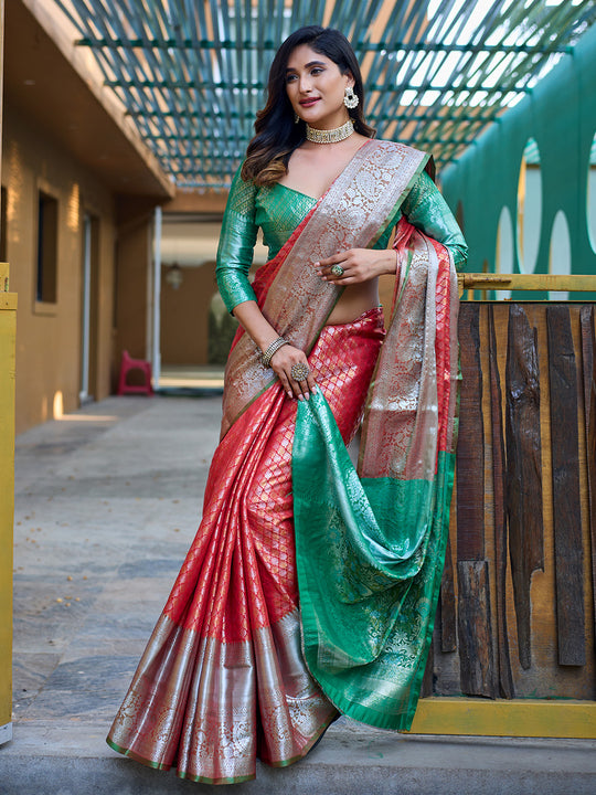 Red Banarasi Silk Saree With Blouse Piece