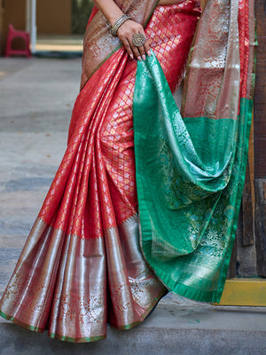 Red Banarasi Silk Saree With Blouse Piece