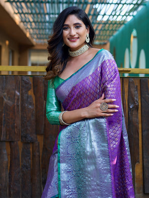 Purple Banarasi Silk Saree With Blouse Piece
