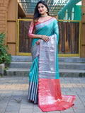 Blue Banarasi Silk Saree With Blouse Piece