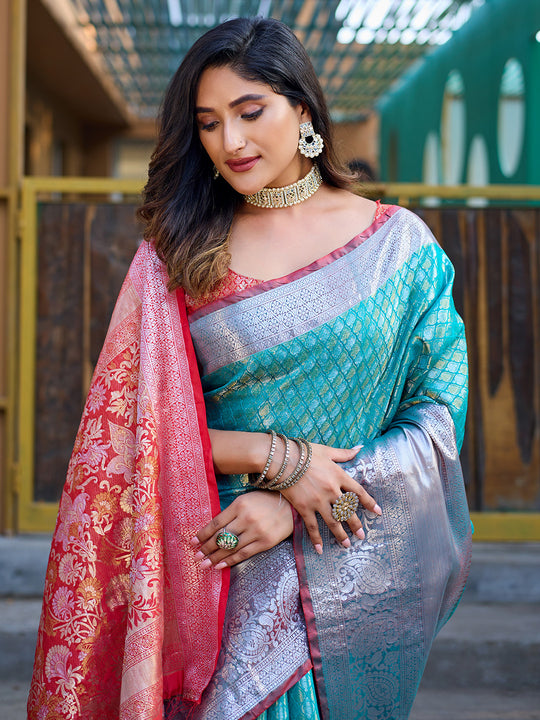 Blue Banarasi Silk Saree With Blouse Piece