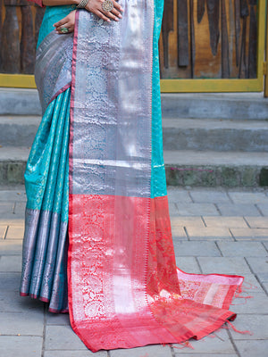 Blue Banarasi Silk Saree With Blouse Piece