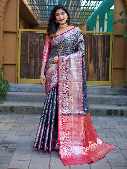 Navy Blue Banarasi Silk Saree With Blouse Piece