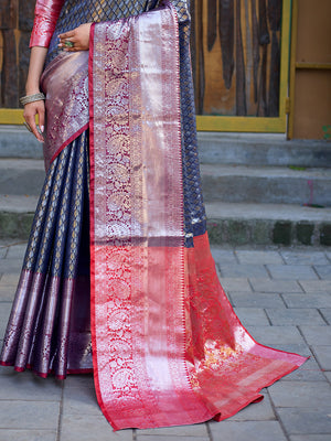 Navy Blue Banarasi Silk Saree With Blouse Piece