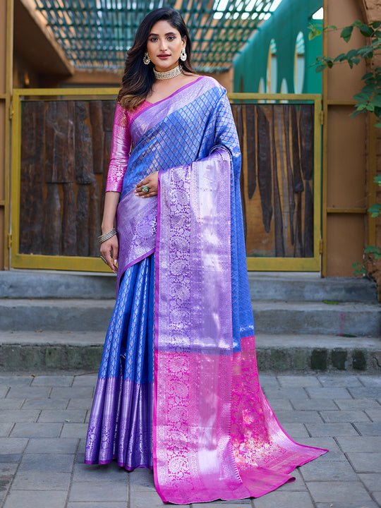 Blue Banarasi Silk Saree With Blouse Piece