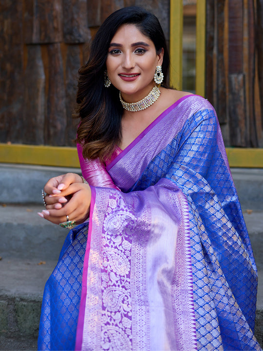 Blue Banarasi Silk Saree With Blouse Piece