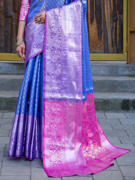 Blue Banarasi Silk Saree With Blouse Piece