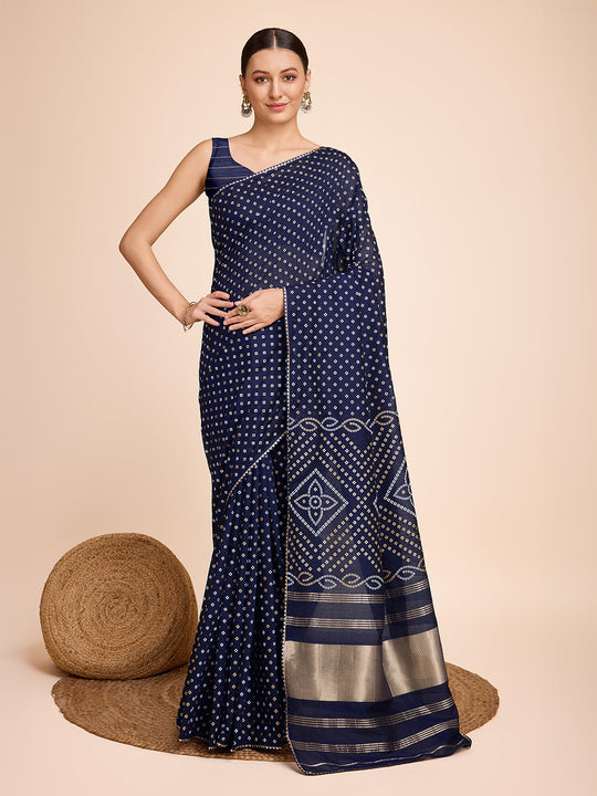 Navy Blue Cotton Saree With Blouse Piece