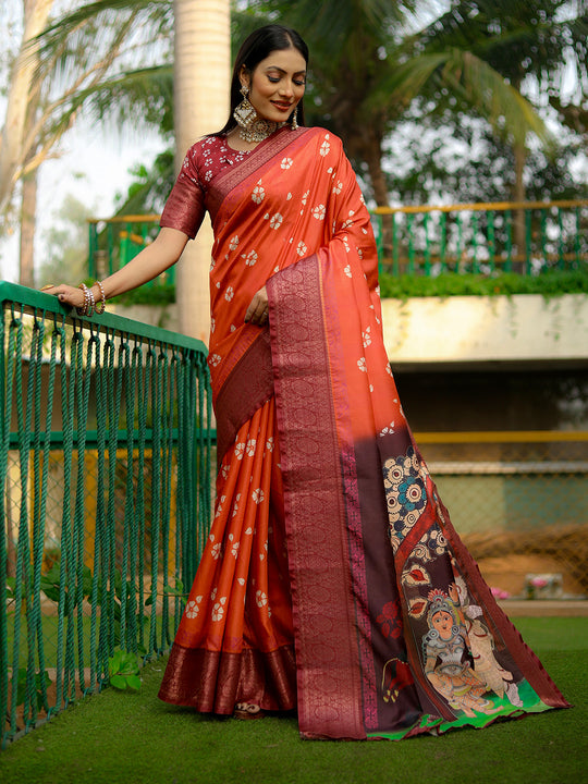 Orange Dola Silk Saree With Blouse Piece