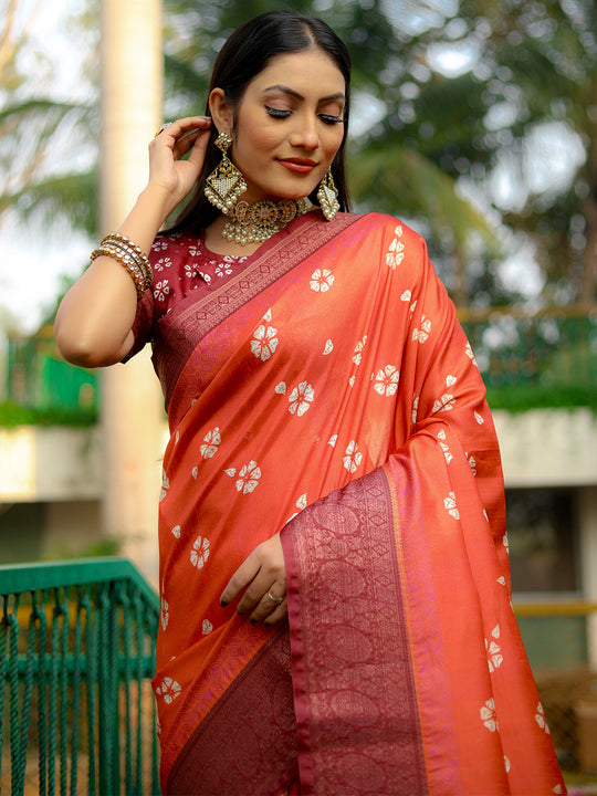 Orange Dola Silk Saree With Blouse Piece