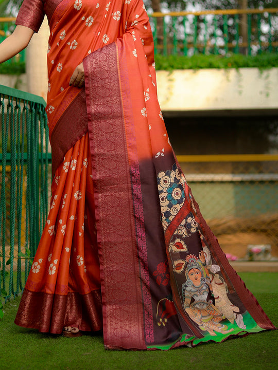 Orange Dola Silk Saree With Blouse Piece